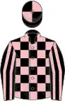 Black and Pink check, striped sleeves, quartered cap