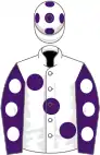 White, large purple spots, purple sleeves, white spots, white cap, purple spots