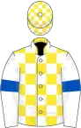 Yellow and White check, White sleeves, Royal Blue armlets