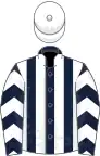 Dark blue and white stripes, chevrons on sleeves, white cap
