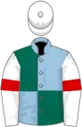 Light blue and dark green (quartered), white sleeves, red armlets, white cap