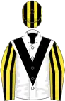 White, black chevron, yellow and black striped sleeves, yellow and black striped cap