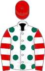 White, dark green spots, red and white hooped sleeves, red cap