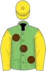 Light green, large brown spots, yellow sleeves and cap