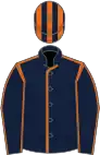 Dark blue, orange seams, striped cap