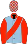 Light Blue, Scarlet collar, sash and sleeves, check cap