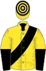 Yellow, black sash, halved sleeves, hooped cap