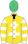 Yellow, white cross of lorraine, white and yellow hooped sleeves, emerald green cap