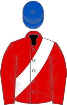 Red, white sash, royal blue cap