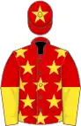 RED, yellow stars, halved sleeves, red cap, yellow star