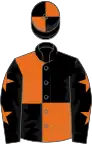 Black and orange (quartered), black sleeves, orange stars, quartered cap