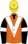 Orange, white chevron, black sleeves, white armlet, yellow cap