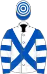 White, royal blue cross belts, royal blue and white hooped sleeves and cap