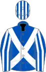 ROYAL BLUE, white cross sashes, striped sleeves and cap