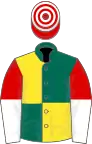 Dark green and yellow quartered,red and white halved slvs,red and white hooped cap