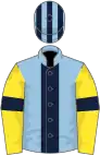 Light blue, dark blue stripe, yellow sleeves, dark blue armlets, light blue and dark blue striped cap