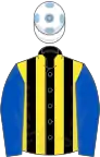 Black and yellow stripes, royal blue sleeves, white cap, light blue spots