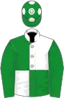 White and green (quartered), green sleeves, green cap, white spots