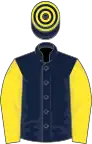 Dark blue, yellow sleeves, hooped cap