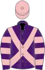 Purple, pink cross-belts, hooped sleeves, pink cap
