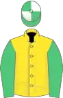 Yellow, emerald green sleeves, emerald green and white quartered cap