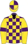 Purple and yellow check, yellow sleeves, purple armlet, quartered cap