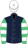 Dark blue, emerald green and white hooped sleeves, white cap