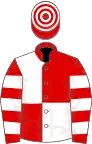Red and white quartered, hooped sleeves, hooped cap