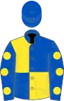 Royal blue and yellow (quartered), royal blue sleeves, yellow spots, royal blue cap