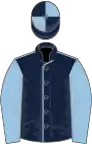 Dark blue, light blue seams and sleeves, quartered cap