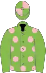 LIGHT GREEN, pink spots, light green sleeves, quartered cap