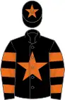 Black, orange star, hooped sleeves and star on cap