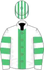 White, emerald green stripe, hooped sleeves, striped cap