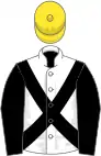 White, black cross-belts and sleeves, yellow cap