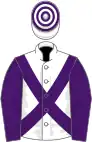 White, purple cross sashes and sleeves, hooped cap