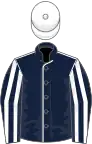 Dark blue, white seams, striped sleeves, white cap