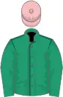 Emerald green, dark green seams, emerald green sleeves, pink cap