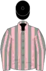 Grey and pink stripes, black cap