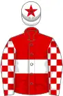 Red, white hoop, white and red check sleeves, white cap, red star