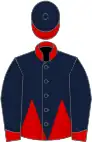 Dark Blue and Red halved horizontally, red collar, dark blue sleeves, red cuffs, dark blue cap, red peak