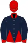 Dark Blue and Red halved horizontally, red collar, dark blue sleeves, red cuffs, red cap