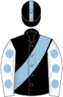 Black, light blue sash, white sleeves, light blue dots, black cap, light blue stripe