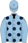 Light blue, dark blue spots, light blue sleeves, light blue cap