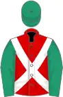 Red, white cross sashes, emerald green sleeves and cap