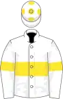 White, yellow hoop and armlet, white cap, yellow spots