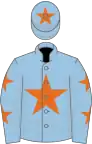 Light blue, orange star, light blue sleeves, orange stars, light blue cap, orange star