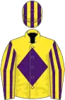 Yellow, purple diamond, striped sleeves and cap