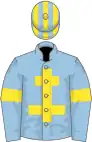 Light blue, yellow cross of lorraine and armlets, striped cap