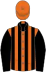 Orange and black stripes, black sleeves, orange cap