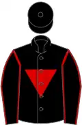 Black, red inverted triangle, red seams on sleeves, black cap